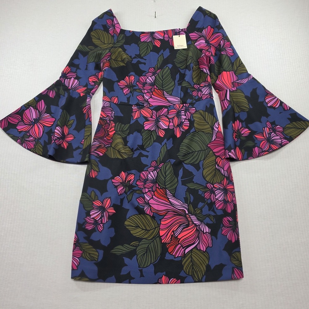 NWT Trina Trina Turk Pink Blue Floral Bell Sleeve Shift Dress Size 6 Retro Mod